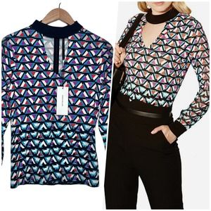 Karen Millen | Women | Geometric Stretch Long Sleeve Choker Blouse | Size 6 US